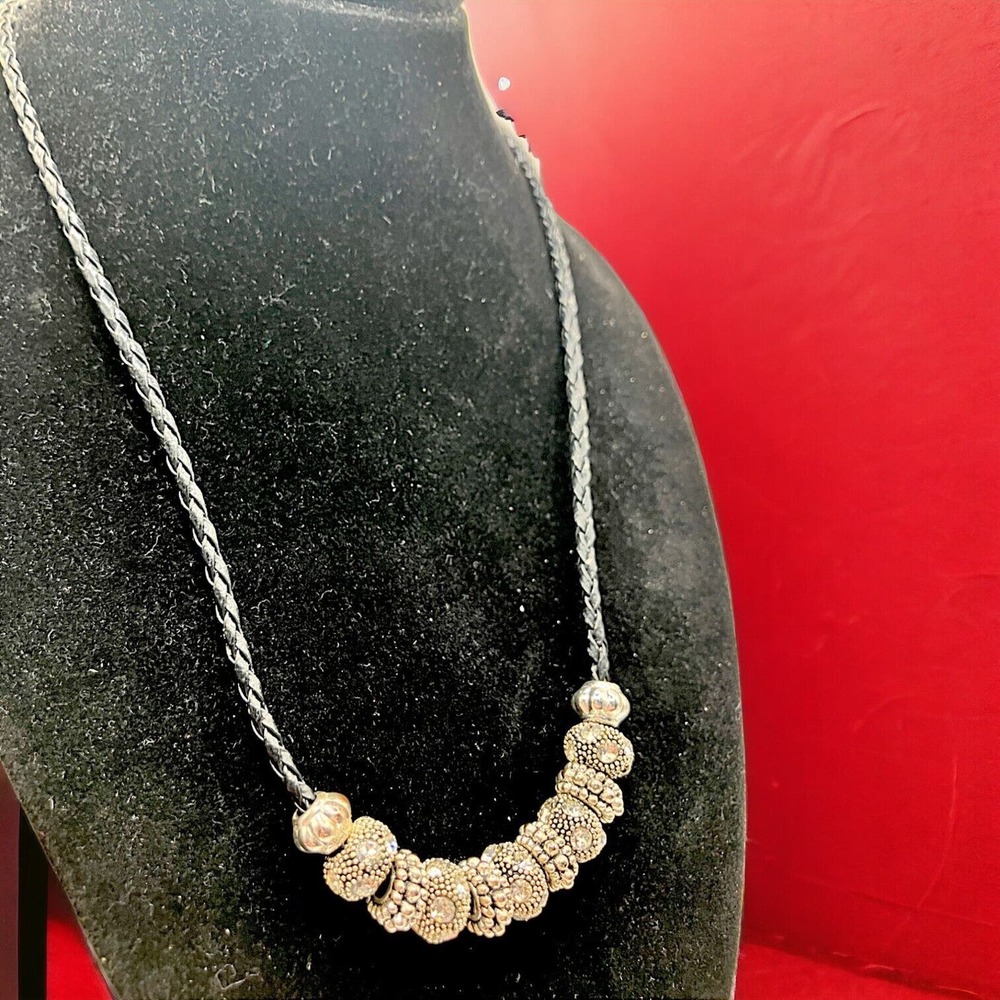 Rhinestone Encrusted Silver-Tone Beads on Braided Black Leather 21" Necklace!